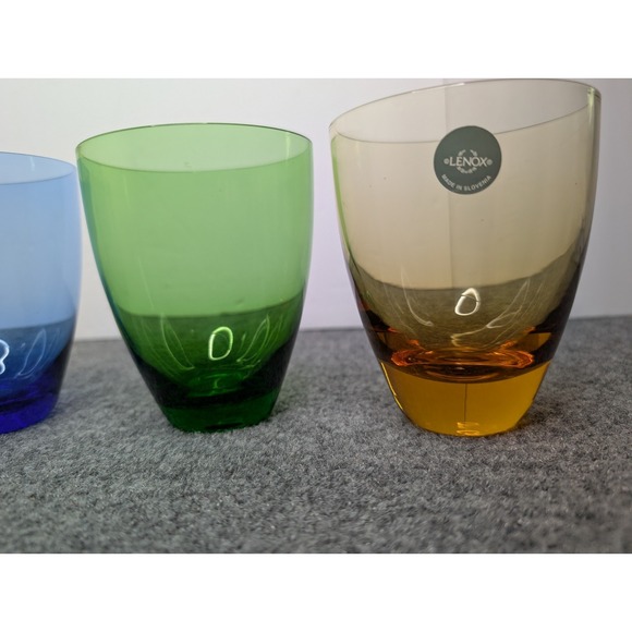 Set Of 4 Assorted Color Lenox Glass Tumbler Glasses Stemless Blue Yellow Green - Picture 3 of 10
